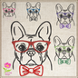 French Bulldog Machine Embroidery Design – Frenchie Dog with Glasses and Bow Tie, Stylish Pet Embroidery Pattern, 4 Sizes (0507)