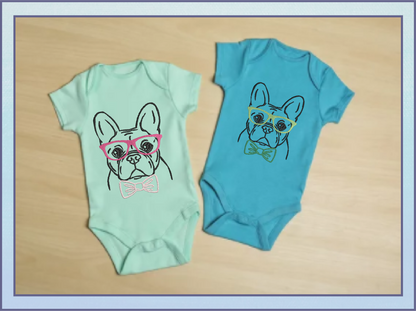 French Bulldog Machine Embroidery Design – Frenchie Dog with Glasses and Bow Tie, Stylish Pet Embroidery Pattern, 4 Sizes (0507)
