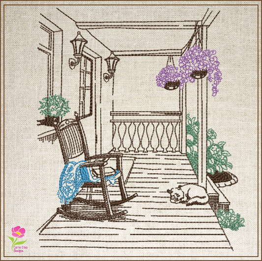 Front Porch Sketch Machine Embroidery Design | Rocking Chair Country Home Design | Garden Embroidery | 6 Sizes (0731)