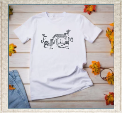 Garden Cottage Sketch Machine Embroidery Design | Artistic Line Art Landscape Design | Cottage Embroidery | 8 Sizes (0920)