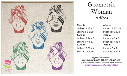 Woman Face Machine Embroidery Design | Abstract Artistic Geometric Line Art, 6 Sizes (0419)