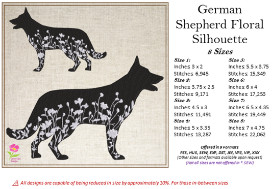German Shepherd Floral Silhouette Bundle Machine Embroidery Design | Dog Silhouettes with Wildflowers | 3 Designs, 8 Sizes Each (0808)