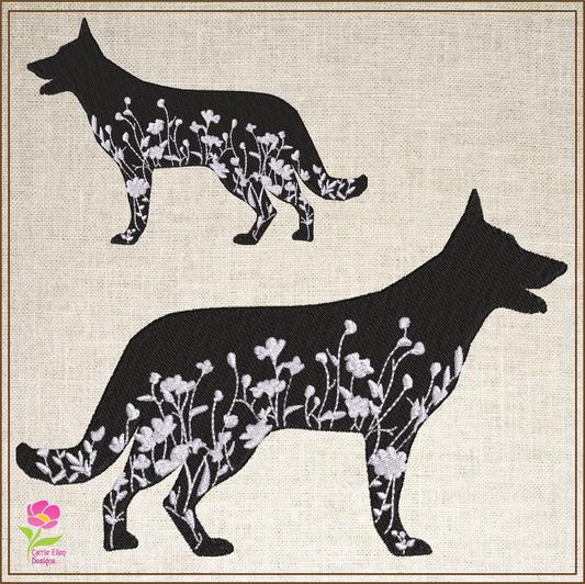 German Shepherd Floral Silhouette Machine Embroidery Design | Dog Silhouette with Wildflowers | Pet Lover Embroidery Design | 8 Sizes (0782)