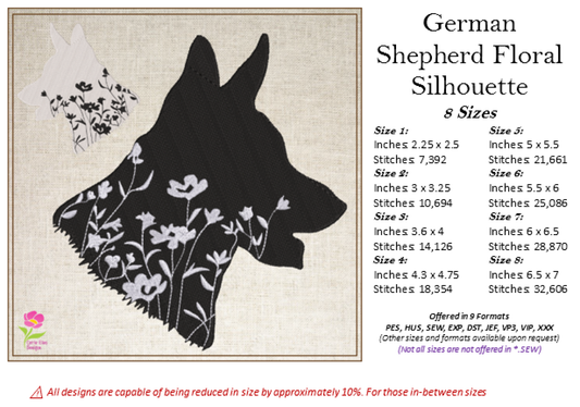 German Shepherd Floral Silhouette Machine Embroidery Design | Dog Silhouette with Wildflowers | German Shepherd Dog Lover Gift | 8 Sizes (0800)