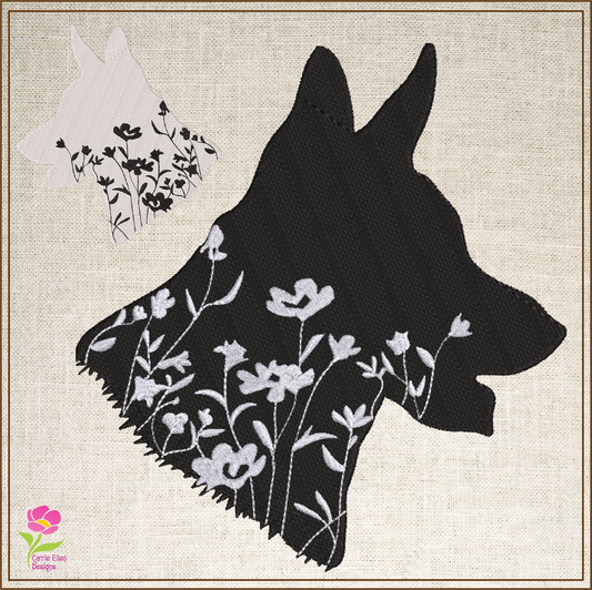 German Shepherd Floral Silhouette Machine Embroidery Design | Dog Silhouette with Wildflowers | German Shepherd Dog Lover Gift | 8 Sizes (0800)