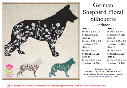 German Shepherd Floral Silhouette Machine Embroidery Design | Dog Silhouette with Wildflowers | Pet Lover Embroidery Design | 8 Sizes (0807)
