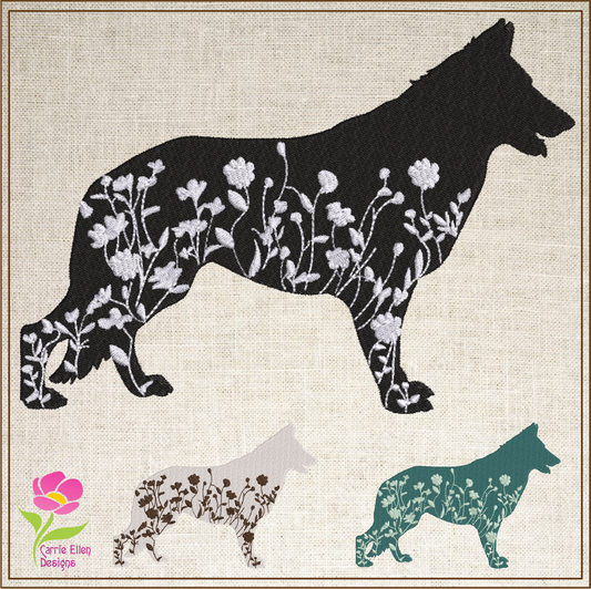 German Shepherd Floral Silhouette Machine Embroidery Design | Dog Silhouette with Wildflowers | Pet Lover Embroidery Design | 8 Sizes (0807)