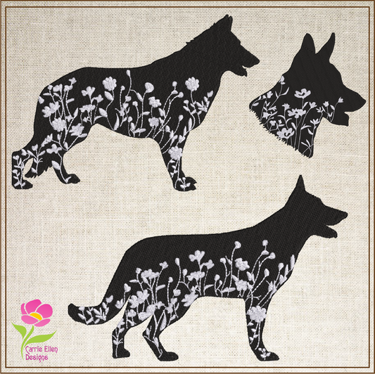 German Shepherd Floral Silhouette Bundle Machine Embroidery Design | Dog Silhouettes with Wildflowers | 3 Designs, 8 Sizes Each (0808)