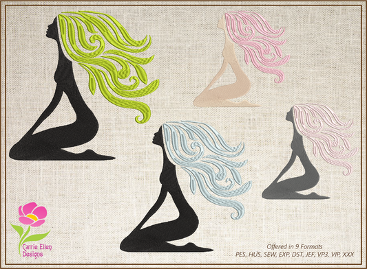 Girl with Long Flowing Hair Machine Embroidery Design – Abstract Feminine Figure, Art-Inspired Silhouette, 10 Sizes (0482)
