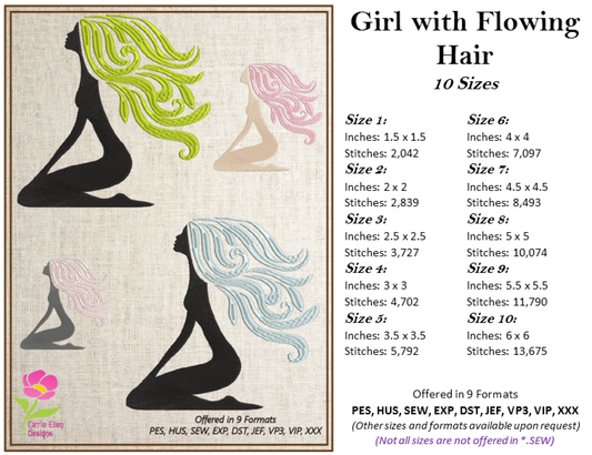 Girl with Long Flowing Hair Machine Embroidery Design – Abstract Feminine Figure, Art-Inspired Silhouette, 10 Sizes (0482)