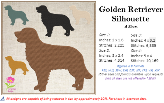 Golden Retriever Silhouette Machine Embroidery Design | Pet Dog Animal Embroidery Design | 4 Sizes (0580)