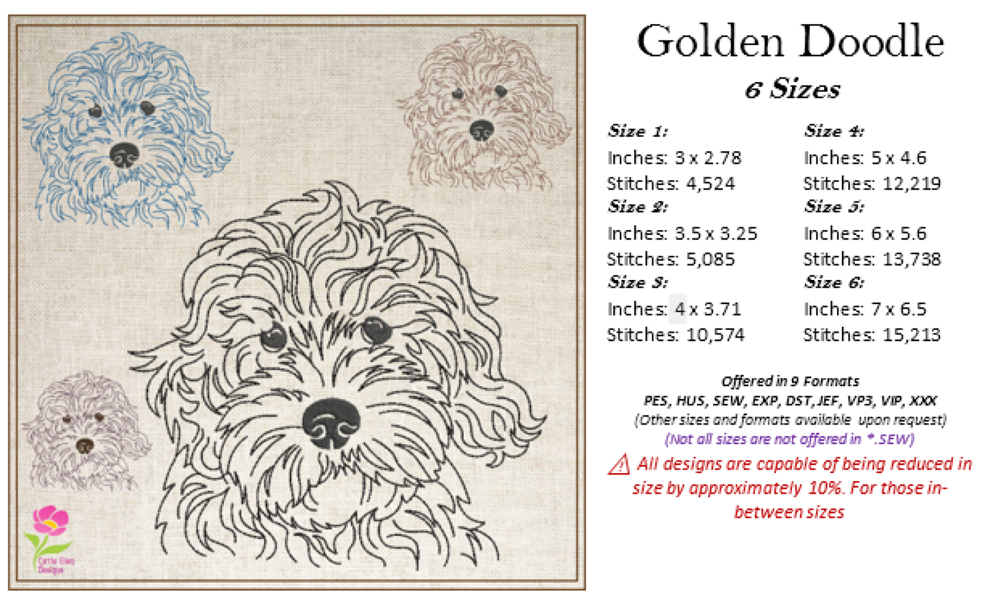 Golden Doodle Machine Embroidery Sketch Design – Dog Line Art Design in 6 Sizes  (0523)