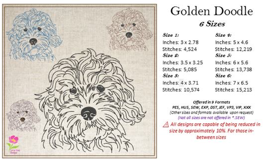 Golden Doodle Machine Embroidery Sketch Design – Dog Line Art Design in 6 Sizes  (0523)