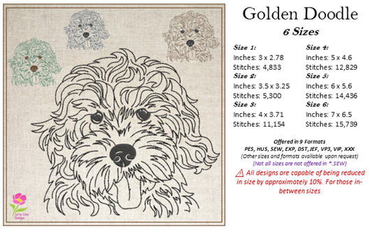 Golden Doodle Machine Embroidery Sketch Design – Dog Line Art Design in 6 Sizes (0525)
