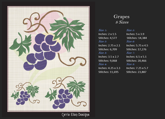 Bunch of Grapes Machine Embroidery Design | Vineyard Fruits Summer Embroidery | Grape Cluster Design | 8 Sizes (0958)