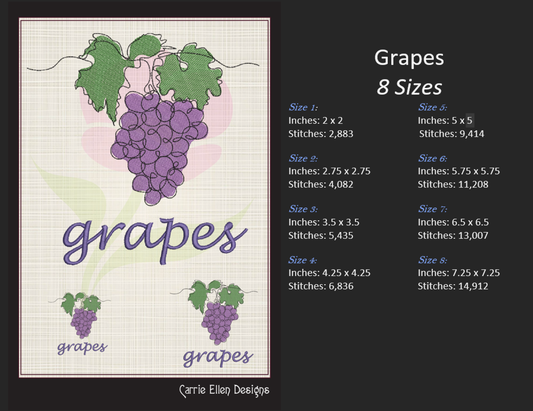 Grapes Machine Embroidery Design Bundle | Fruit & Vineyard Embroidery Patterns | 4 Designs, 8 Sizes Each (0629)