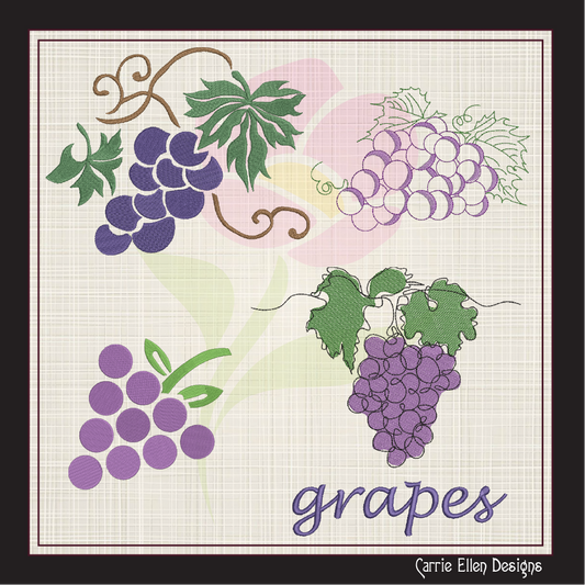 Grapes Machine Embroidery Design Bundle | Fruit & Vineyard Embroidery Patterns | 4 Designs, 8 Sizes Each (0629)