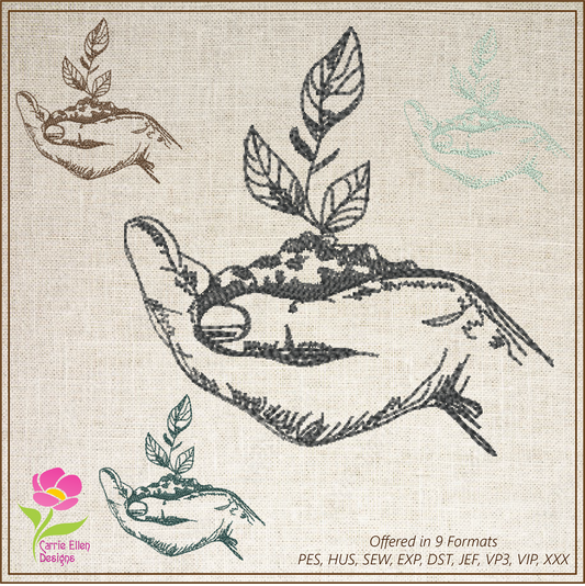 Hand Holding Soil with Plant Sapling Machine Embroidery Design Sketch, Seedling Line Art Design, Seedling Plant Embroidery, 8 Sizes (0250)