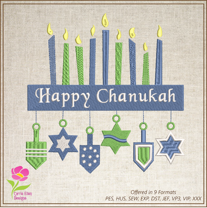 Happy Chanukah Machine Embroidery Design – Menorah with Star of David Pattern – 8 Sizes (0156)