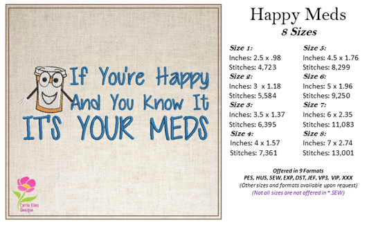 Happy Meds Embroidery Design – “If You’re Happy and You Know It” Funny Saying, Machine Embroidery Design, 8 Sizes (0346)