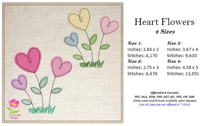 Heart Flowers Machine Embroidery Design | Valentine's Day Love Garden Flowers | 4 Sizes (0409)