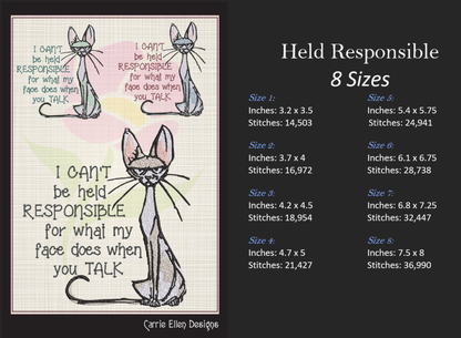Can't Be Held Responsible Cat Machine Embroidery Design – Funny Snarky Kitty Quote, 8 Sizes (1011)