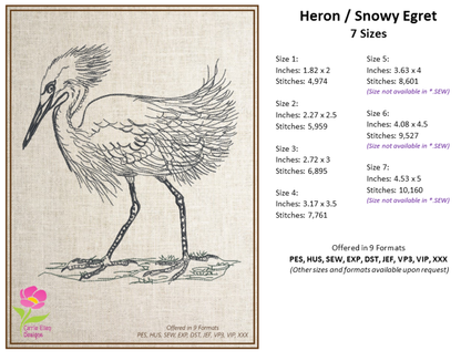 Heron Snowy Egret Machine Embroidery Design, Sketch Embroidery Design, Bird Line Art, 7 Sizes (0376)