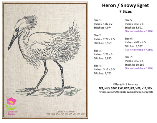 Heron Snowy Egret Machine Embroidery Design, Sketch Embroidery Design, Bird Line Art, 7 Sizes (0376)