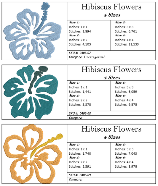 Hibiscus Flower Machine Embroidery Designs | Floral Icon Bundle – 12 Designs, 4 Sizes Each