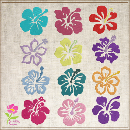 Hibiscus Flower Machine Embroidery Designs | Floral Icon Bundle – 12 Designs, 4 Sizes Each