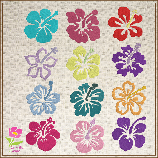 Hibiscus Flower Machine Embroidery Designs | Floral Icon Bundle – 12 Designs, 4 Sizes Each