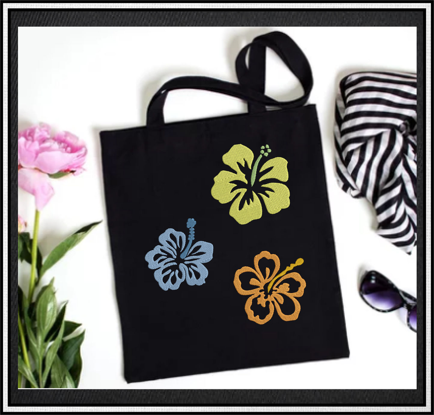 Hibiscus Flower Machine Embroidery Designs | Floral Icon Bundle – 12 Designs, 4 Sizes Each