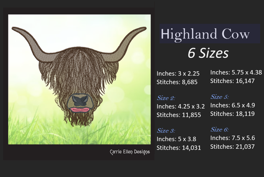 Highland Cow Machine Embroidery Design – Scottish Bull Farm Animal Embroidery, Rustic Country Style (1692)