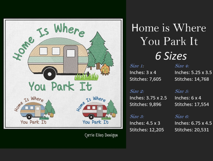 Fun Camping Machine Embroidery Design Saying – Home is Where You Park It, Humorous Campfire and Camper Design, 6 Sizes (1238)