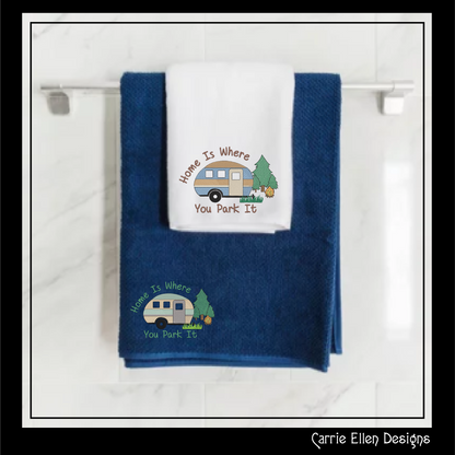 Fun Camping Machine Embroidery Design Saying – Home is Where You Park It, Humorous Campfire and Camper Design, 6 Sizes (1238)