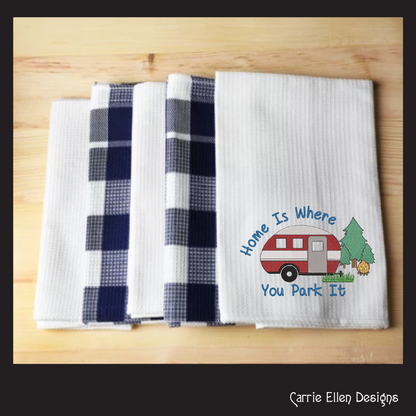 Fun Camping Machine Embroidery Design Saying – Home is Where You Park It, Humorous Campfire and Camper Design, 6 Sizes (1238)