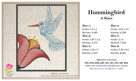 Hummingbird Machine Embroidery Design | Blue Bird Audubon Pattern | Nature-Inspired Bird Embroidery | 6 Sizes (0616)
