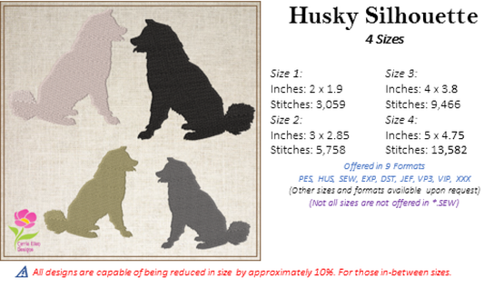 Husky Dog Breed Silhouette Machine Embroidery Design | Working Dog Animal Embroidery Design | 4 Sizes (0577)