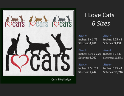 I Love Cats Machine Embroidery Design – I Heart Cats Silhouette Pattern – 6 Sizes (1256)