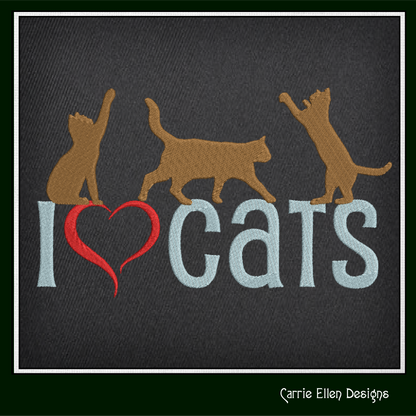 I Love Cats Machine Embroidery Design – I Heart Cats Silhouette Pattern – 6 Sizes (1256)