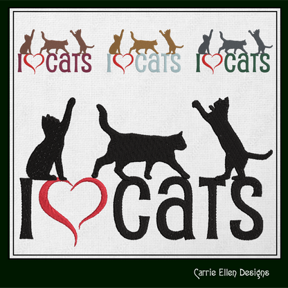 I Love Cats Machine Embroidery Design – I Heart Cats Silhouette Pattern – 6 Sizes (1256)
