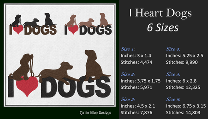 I Love Dogs Machine Embroidery Design – I Heart Dogs Silhouette Pattern – 6 Sizes (1251)