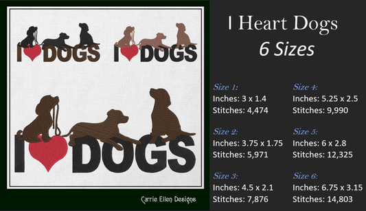 I Love Dogs Machine Embroidery Design – I Heart Dogs Silhouette Pattern – 6 Sizes (1251)