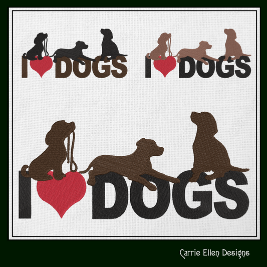 I Love Dogs Machine Embroidery Design – I Heart Dogs Silhouette Pattern – 6 Sizes (1251)