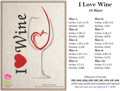 I Love Wine Machine Embroidery Design | Wine Lover Embroidery Pattern | Wine Glass & Heart Stitch Design | 10 Sizes (0627)