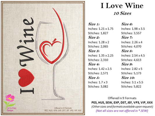 I Love Wine Machine Embroidery Design | Wine Lover Embroidery Pattern | Wine Glass & Heart Stitch Design | 10 Sizes (0627)