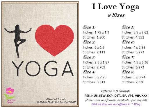Yoga Machine Embroidery Design – 8 Sizes | I Love Yoga Embroidery, Fitness & Sports Stitch Pattern (0120)