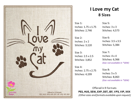 Cat Machine Embroidery Design, I Love my Cat Embroidery Quotes and Sayings, Animal Pet Embroidery Design, 8 Sizes (0893)