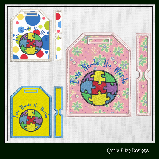 Autism Awareness Bag and Luggage Tag Machine Embroidery Design | Love Needs No Words Puzzle Globe ITH Project (1465)