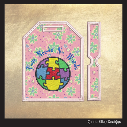 Autism Awareness Bag and Luggage Tag Machine Embroidery Design | Love Needs No Words Puzzle Heart ITH Project (1471)